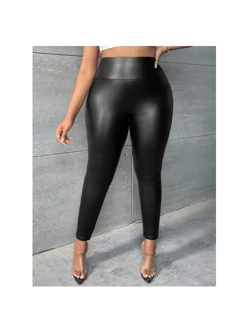 PLUS SIZE LINED LEATHER EFFECT LEGGINGS - BLACK