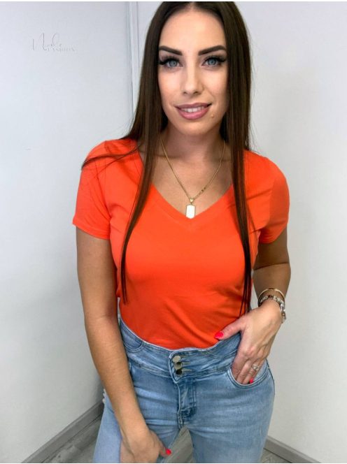 LARINA "V" NECK COTTON T-SHIRT - CORAL COLOR