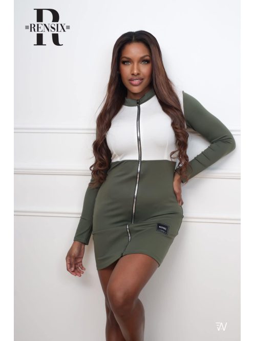 RENSIX ZIP-UP DRESS - WHITE/GREEN (ONE SIZE)