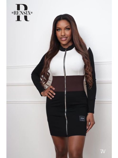 RENSIX ZIP-UP DRESS - WHITE/CHOCOLATE BROWN/BLACK (ONE SIZE)